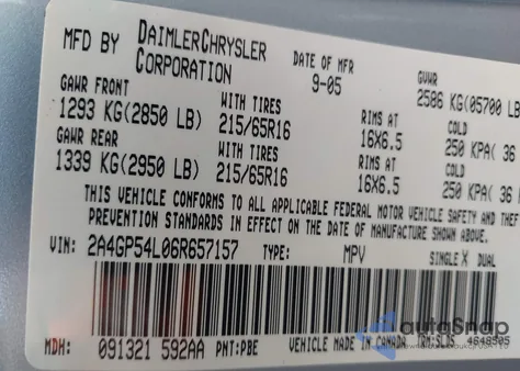 2006 Chrysler Town & Country z USA, uszkodzony, nr VIN 2A4GP5L06R657157